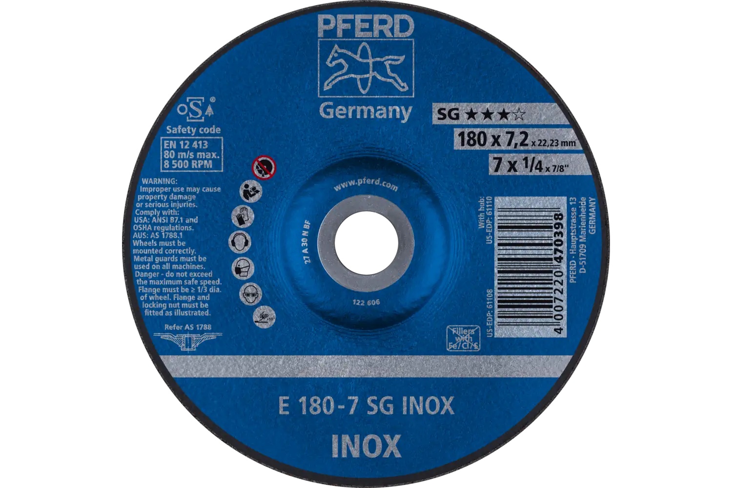 Picture of Pferd Grinding Wheel, 7" X 1/4 X 7/8, Sg Inox, T27, Aluminum Oxide